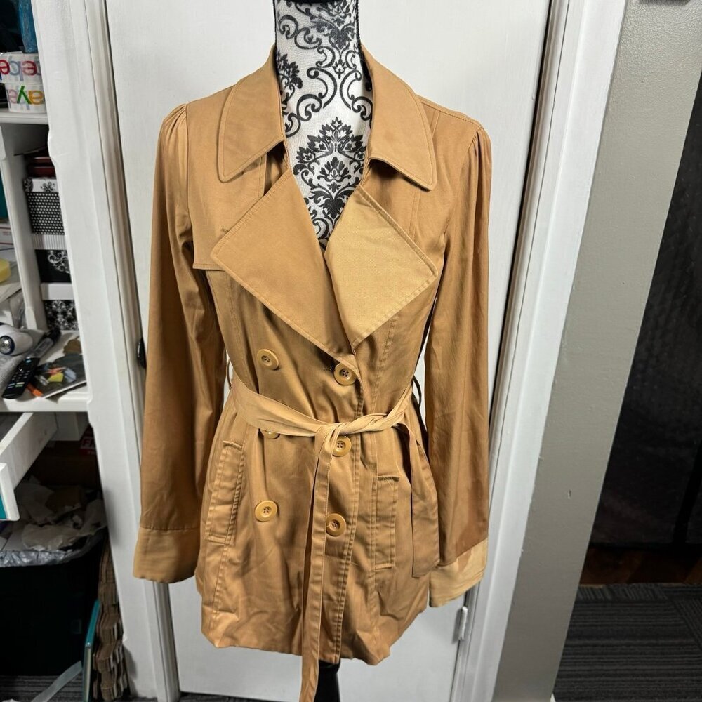 Vertigo Paris tan longg trench coat.  Classic clean.  Size S